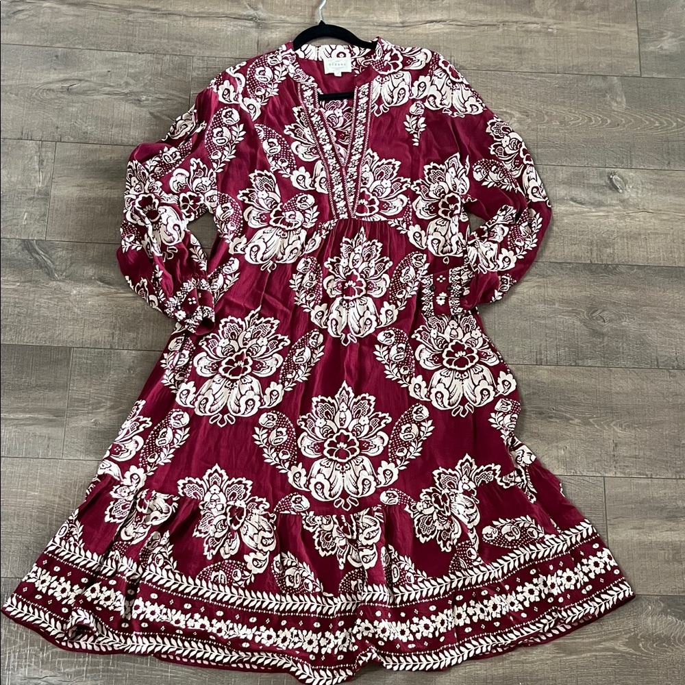 Sezane Boheme Dress size 34 - Burgundy and White Floral Long Sleeve Dress